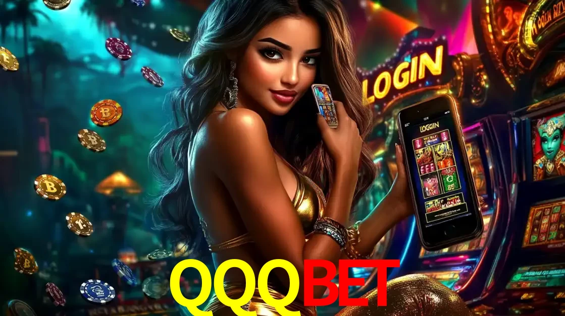 Mulher em um cenário de cassino temático de aventura, mostrando o app de caça-níqueis da QQQBET no celular. Fichas de apostas flutuam ao redor.