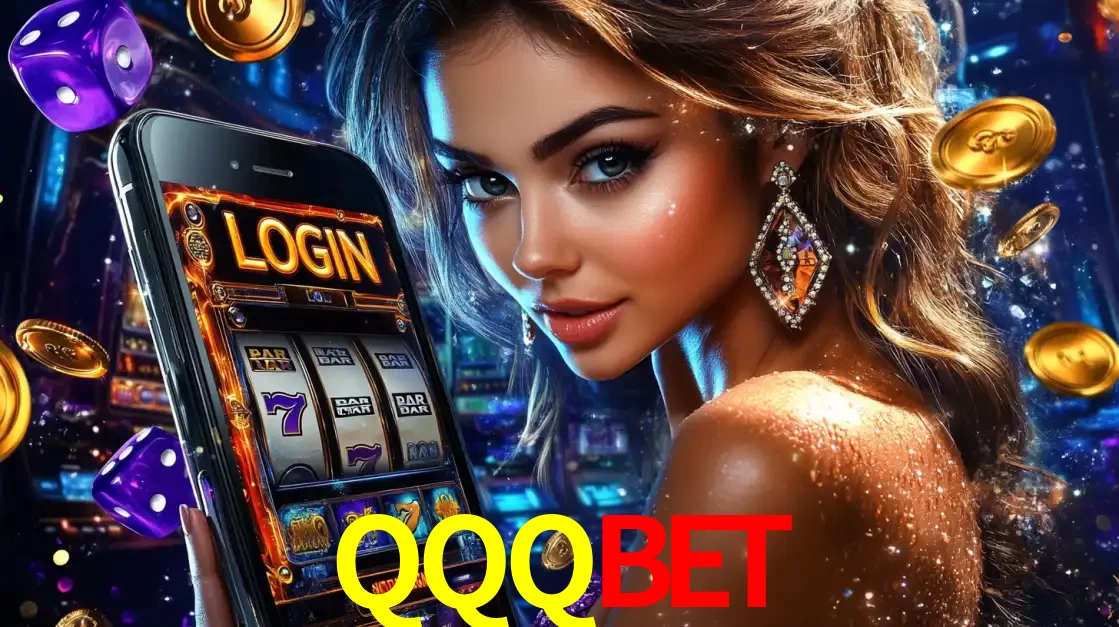 Mulher glamorosa segurando um smartphone com a tela de login para os jogos de caça-níqueis do cassino online QQQBET, com moedas de ouro e dados ao redor.