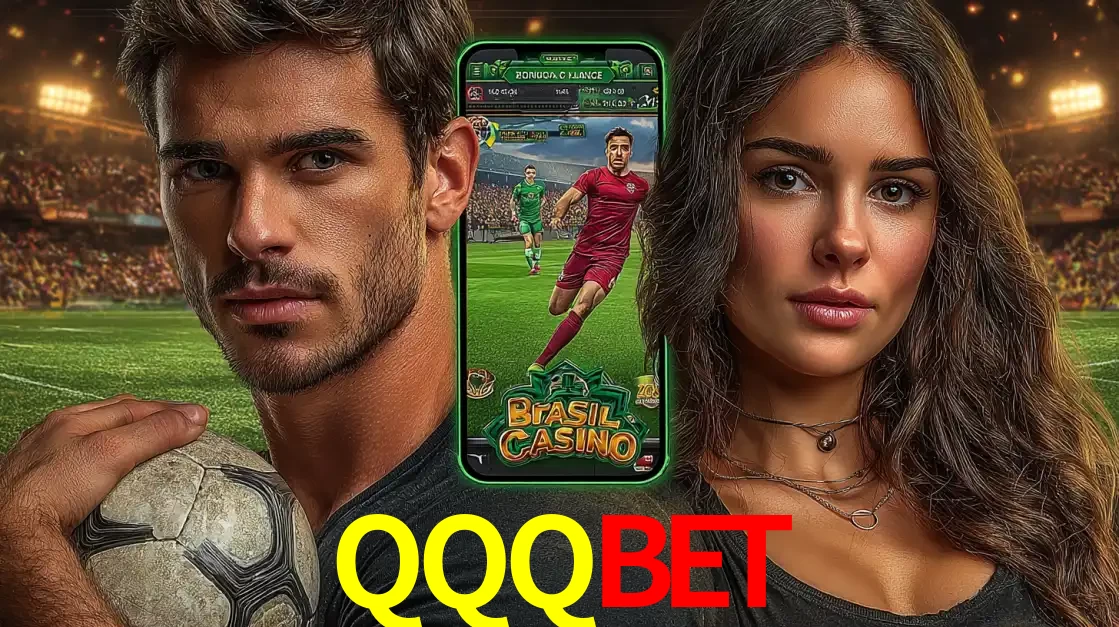 Homem segurando uma bola de futebol e uma mulher ao lado de um smartphone exibindo o jogo de apostas esportivas da QQQBET. Faça seu palpite no cassino online.